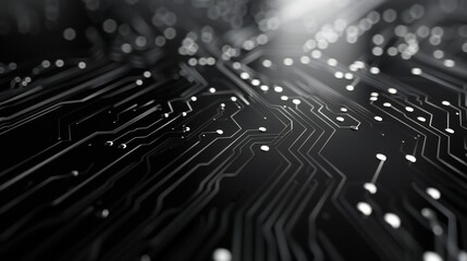 Clean and minimalist space featuring intricate white circuit board lines on a black background, exuding a sense of timeless sophistication.