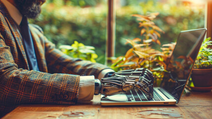 Human and robot hand working on laptop