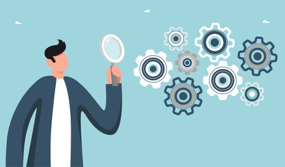 Leadership skills in finding solution to problem, creative ways out of business problems, analysis or optimization of work, technical support or service in unforeseen situation, man examines mechanism