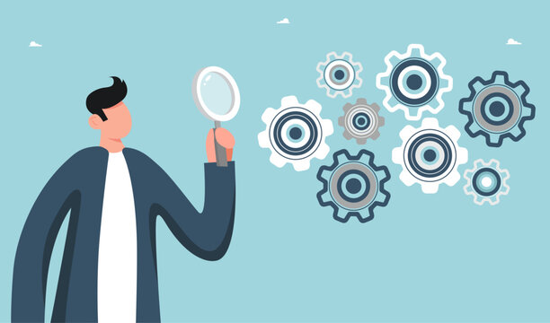 Leadership skills in finding solution to problem, creative ways out of business problems, analysis or optimization of work, technical support or service in unforeseen situation, man examines mechanism