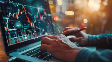 Hands holding pen over financial charts on laptop