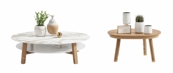 A wooden table with four vases on it