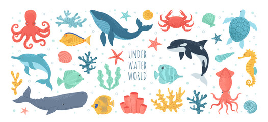 Set of hand drawn marine life. Wild sea animals, seashells, fish, seaweed and corals. Whale, octopus, crab, seahorse, dolphin, killer whale, turtle, squid, cachalot. Vector cute cartoon illustration.