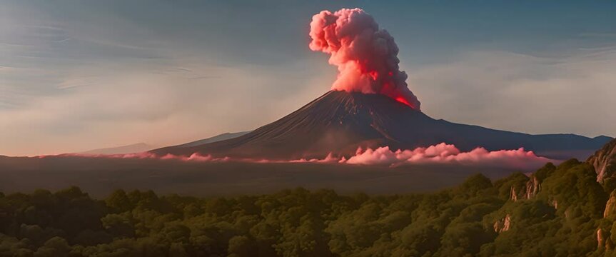 An erupting volcano is a mountain that spews out materials from within the earth such as dust, hot clouds, smoke, gravel, rocks, hot lava, cold lava, magma, and so on