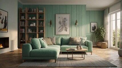 Modern living room with green sofa and abstract painting