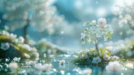  Enchanting 3D Miniature Landscape with Spring Glass Flowers and Transparent Trees, People Walking on Road, Dreamy Fantasy Realism in Soft Sculpture with Wide-Angle Lens and Depth of Field