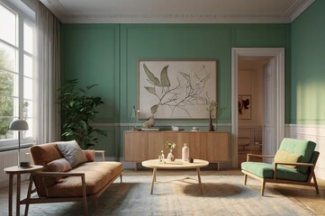 Modern living room with green sofa and abstract painting