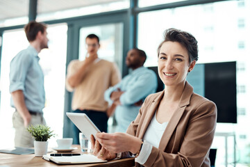 Portrait, tablet and business woman in office for research, email or information online. Face, finance manager and happy professional entrepreneur coworking on technology for profit report in company