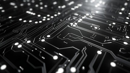 Futuristic ambiance with intricate white circuitry lines weaving across a black backdrop, evoking a sense of innovation and sophistication.