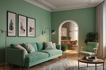 Modern living room with green sofa and abstract painting