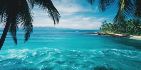 Island Paradise. Seascape with Palms And Blue Crystal Water. Generative AI