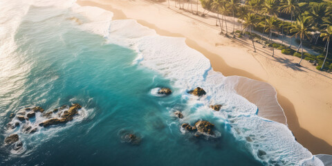 Obraz premium Aerial View Of Pristine Beach With Waves And Palm Trees. Sunrise Over Tropical Shoreline And Sea. Generative AI