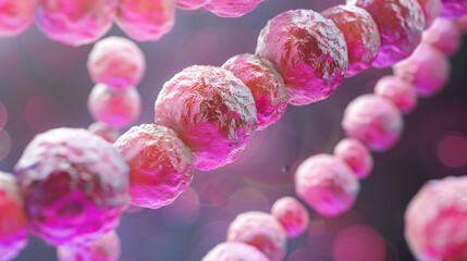 Obraz premium Streptococcus pyogenes bacteria. 3D computer illustration of Streptococcus pyogenes, or group-A Streptococcus, bacteria. S. pyogenes is a gram-positive spherical (coccus) bacteria