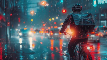a courier on a bicycle with a large bag with orders hurries to the client along an evening or night city street in rain or bad weather. working as a courier on a bicycle