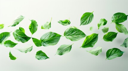 Green Leaves Floating on White Background
