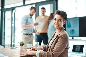 Portrait, smile and business woman writing notes in office for data, statistics or analysis in company. Face, financial analyst and happy professional entrepreneur working on project, report or info