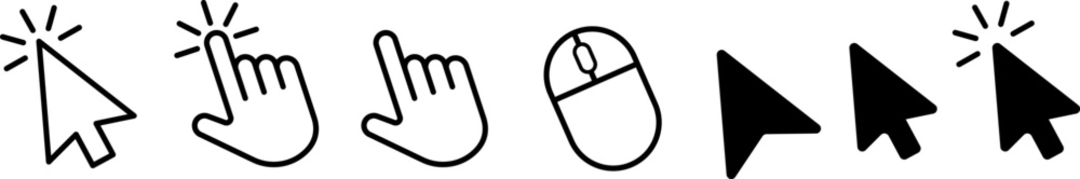 Computer mouse click cursor arrow icons set. Clicking cursor. Hand cursors icons click set. Pointer click icon. Loading icon on transparent background