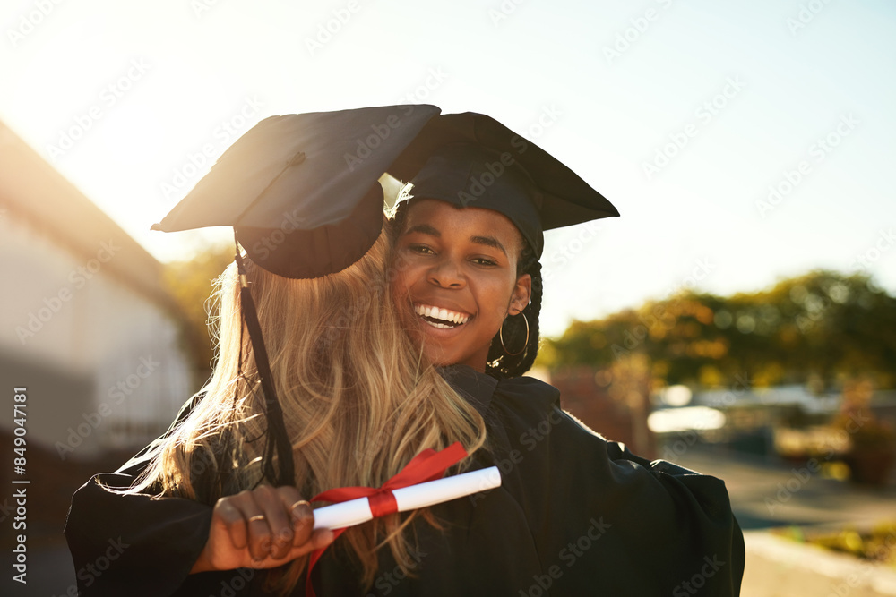 Canvas Prints Woman, hug and students at graduation for success, education and celebration at university. Happiness, award and female learner with friend for portrait, certificate and achievement at event