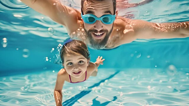 Father and daughter swimming underwater in the pool during summer vacation