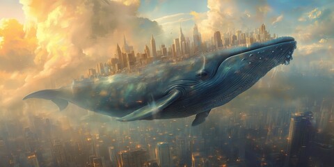 painting illustration, big flying blue whale has city on it back , fly to the cloud, surreal gorgeous scenery dreamlike scenery