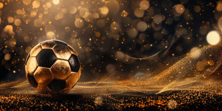 A luxurious soccer banner background showcasing a blend of black and gold tones with football