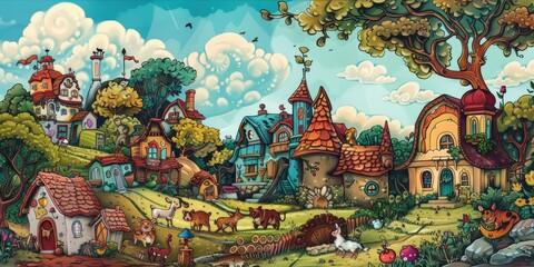 Obraz premium Minimal Farm Scene in Flat Graphic Style