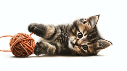 A cute kitten playing with a ball of yarn. The kitten is lying on its side and batting at the yarn with its paws.