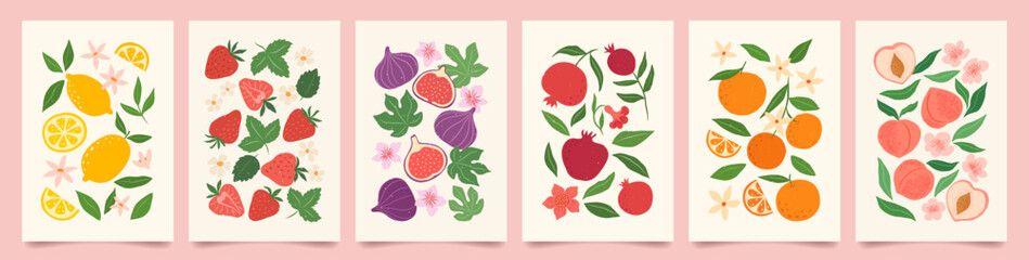 Collection of abstract fruit contemporary art print. Modern poster with hand drawn lemon, strawberry, fig, garnet, peach and orange. Trendy design for wallpaper, wall decor, postcard, cover, t shirt.