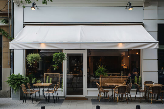 Outdoor seating of a modern cafe with white awning and plants. The cafe storefront features chairs and tables arranged on the sidewalk, creating a cozy and inviting atmosphere in an urban setting.