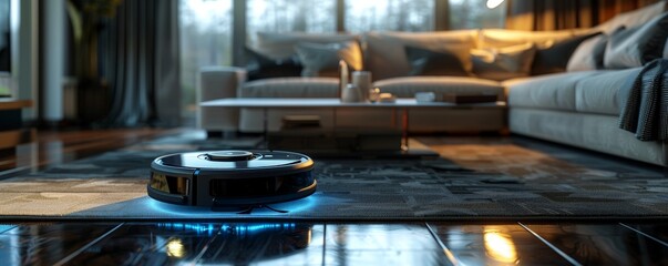Fototapeta premium Robot vacuum cleaner cleaning a modern living room.