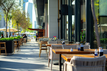 Outdoor city cafe with modern seating, tables, and umbrellas along a bustling sidewalk. Featuring greenery, glass windows, and a vibrant, sunny atmosphere where people enjoy dining and relaxing