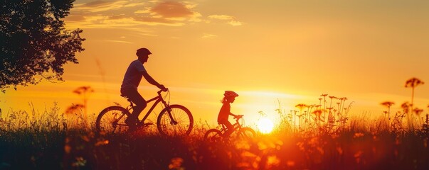 Silhouettes of father and child cycling at sunset.