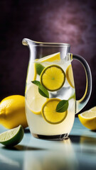 Homemade lemonade with lemon lime and mint and ice in a transparent glass jug on a white table, dark background. Detox and refreshing concept. Copy space. Drinking regime for health