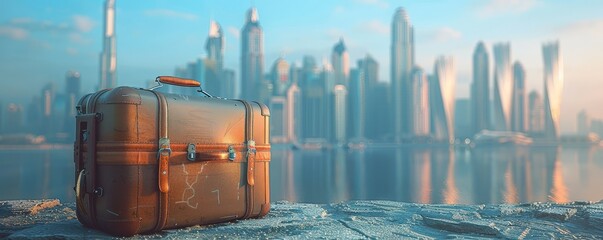 Vintage suitcase against a city skyline.