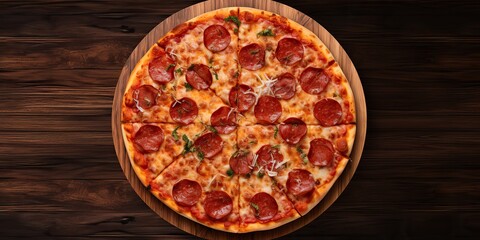 Top view above pizza pepperoni italican classic fastfood scene view