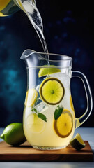 Homemade lemonade with lemon, lime and mint and ice in a transparent glass jug on a white table, dark background. Detox and refreshing concept. Copy space. Drinking regime for health