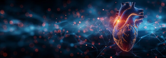 futuristic medical health care background, heart with light glow on biological cell and nerve connection 