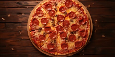 Top view above pizza pepperoni italican classic fastfood scene view