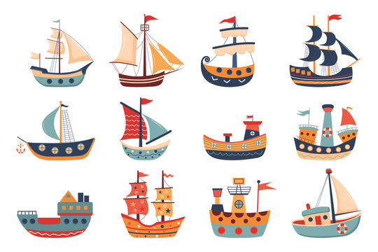 Set of cute ships, boats, yacht and sailing vessel. Nursery art scandinavian style. Childish ship collection. Marine transport clipart. Nautical theme.