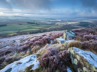 View from the top of Black Clover Mountain in Yorkshire, overlooking a green valley with some snow on heather and other flowers, a blue sky, late afternoon