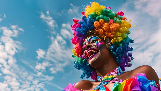 African woman wears rainbow Afro clown wig and glittery makeup to celebrate LGBTQ