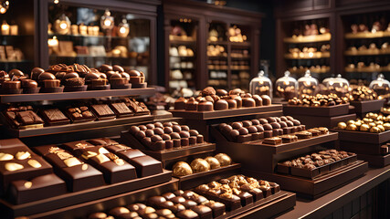 an illustration of a gourmet chocolate shop with decadent chocolates arranged in elegant displays.