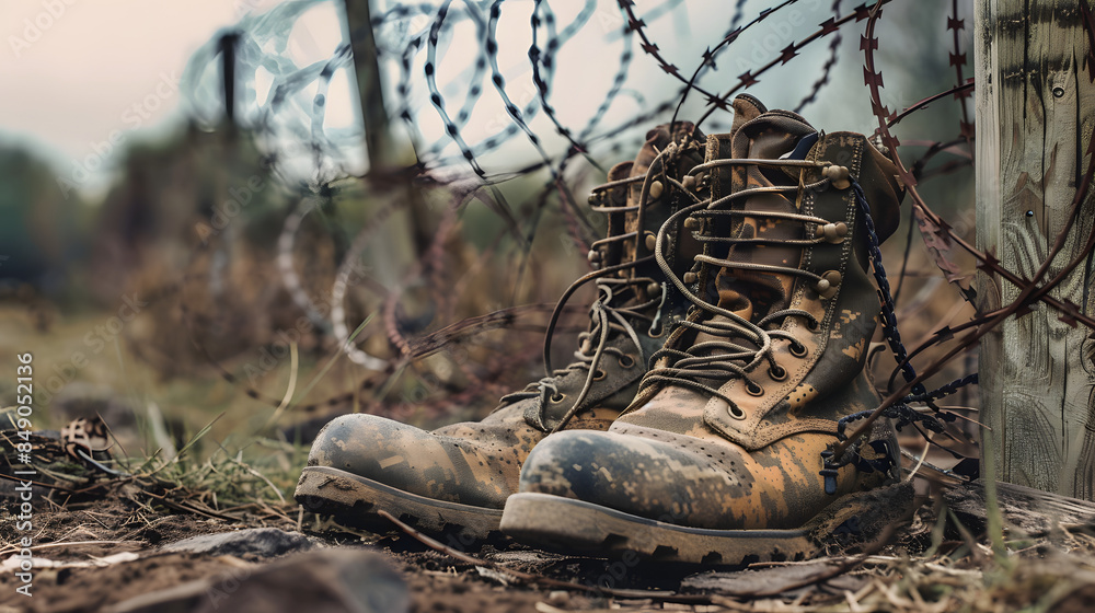 Wall mural close up army boots next to barbed wire