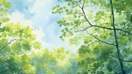 Watercolor painting of trees, bright green foliage, empty center, solid cyan background