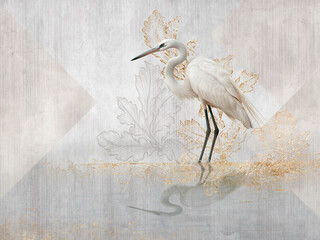 White heron on on a light background with rose golden elements. Illustration for wallpaper, poster, card, decoration.