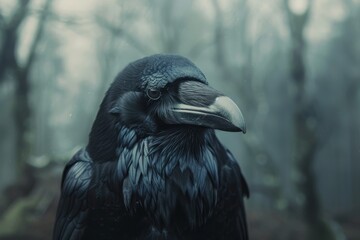 Fototapeta premium Mysterious Raven in a Misty Forest: A Captivating Portrait