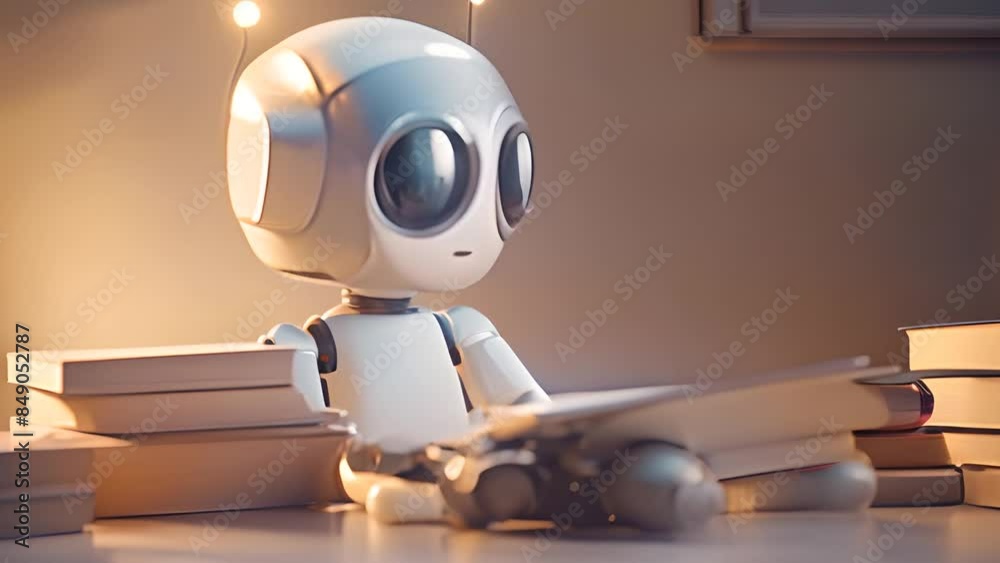 Poster robot reading a book in a library generative ai
