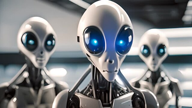 Three Grey Alien Robots Standing in Line Generative AI