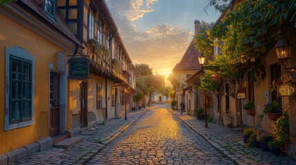 Obraz premium Cobblestone street in a charming village at sunset
