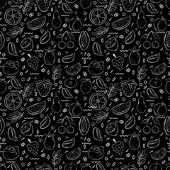 Fruits Seamless hand drawn doodle pattern. Whit on a black background. Illustration for backgrounds, card, posters, banners, textile prints, cover, web design. Eat healthy. Vector icons.